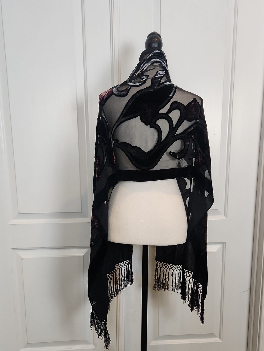 Black and Purple Velvet Burnout Floral Fringe Silk Shawl Scarf - Picture 5 of 10